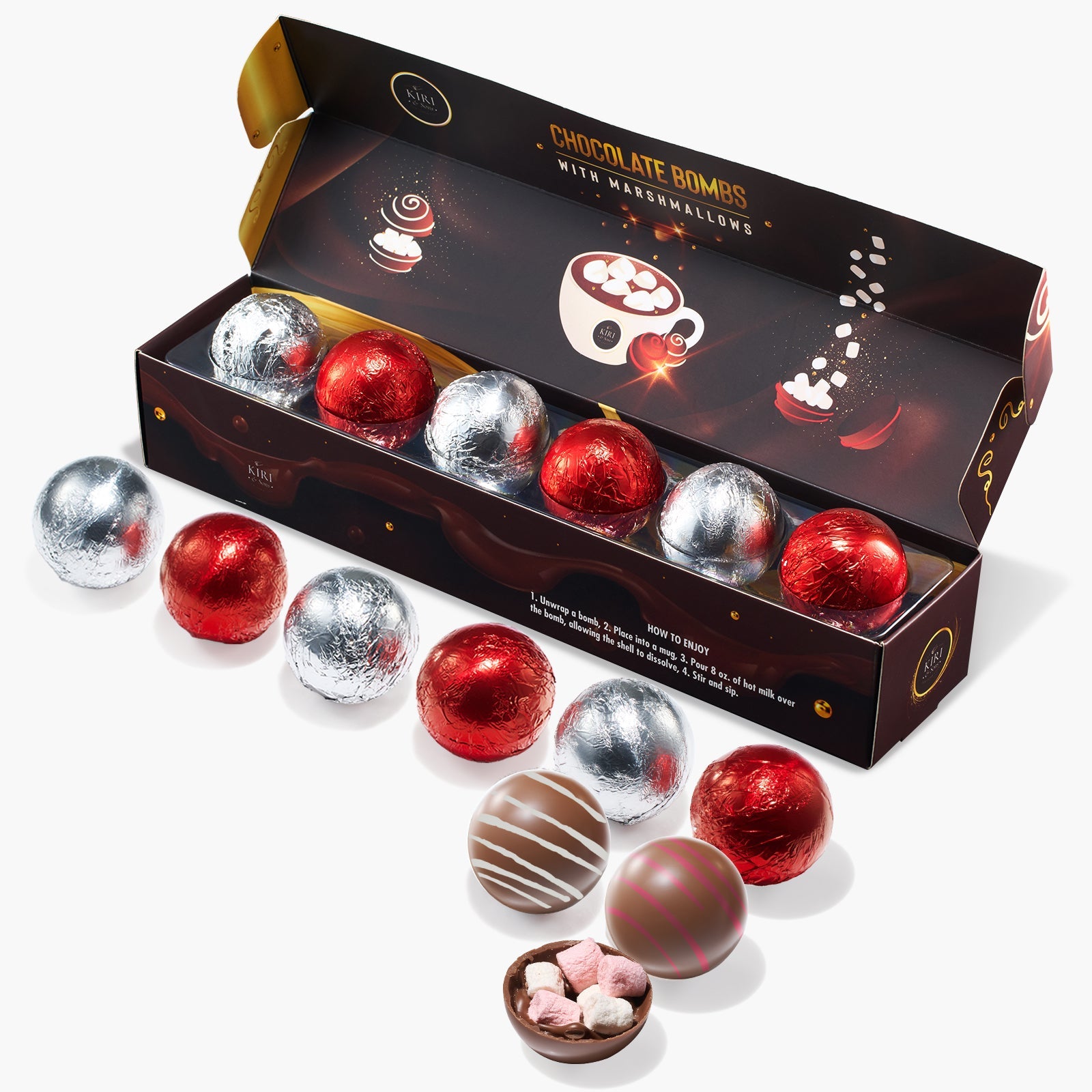 Hot Chocolate Bombs Set Of 6 2 Flavors White Red Swirl Design Caramel Fudge Brownie Candy Chocolates