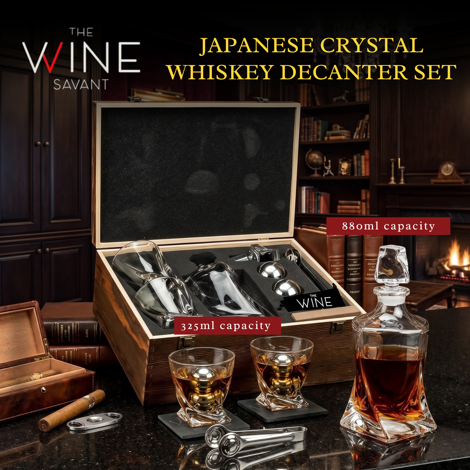 Japanese Crystal Whiskey Decanter Set In Wooden Storage Box Premium Barware Gift
