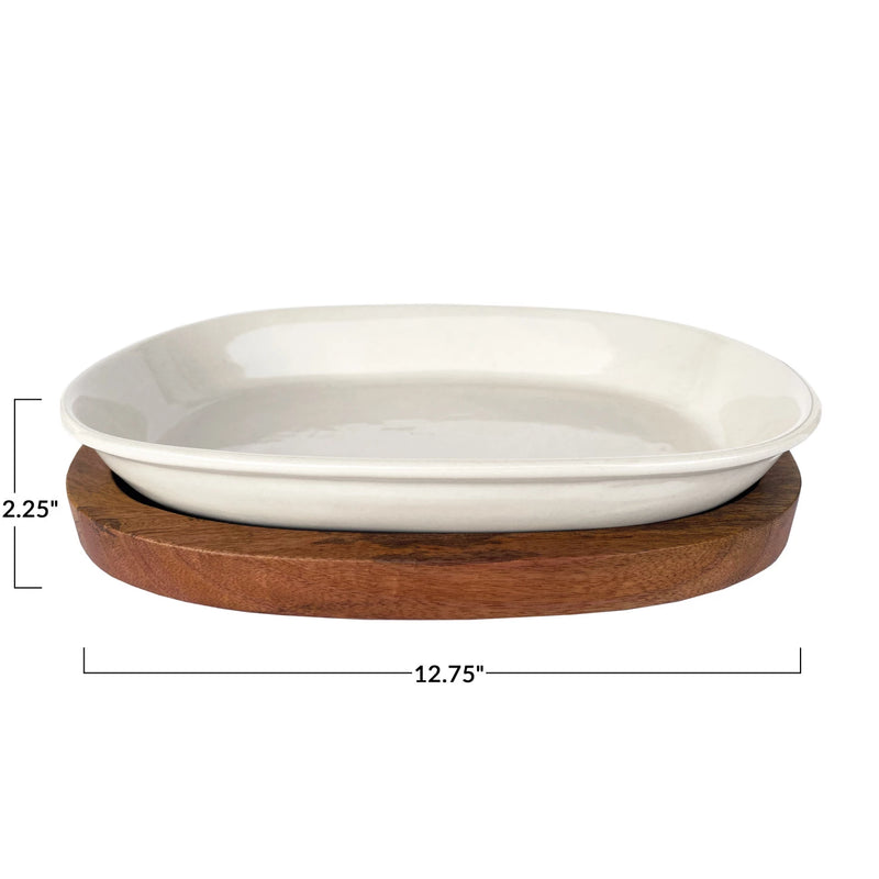 set of 2 -Stoneware Serving Dish w/ Mango Wood Base