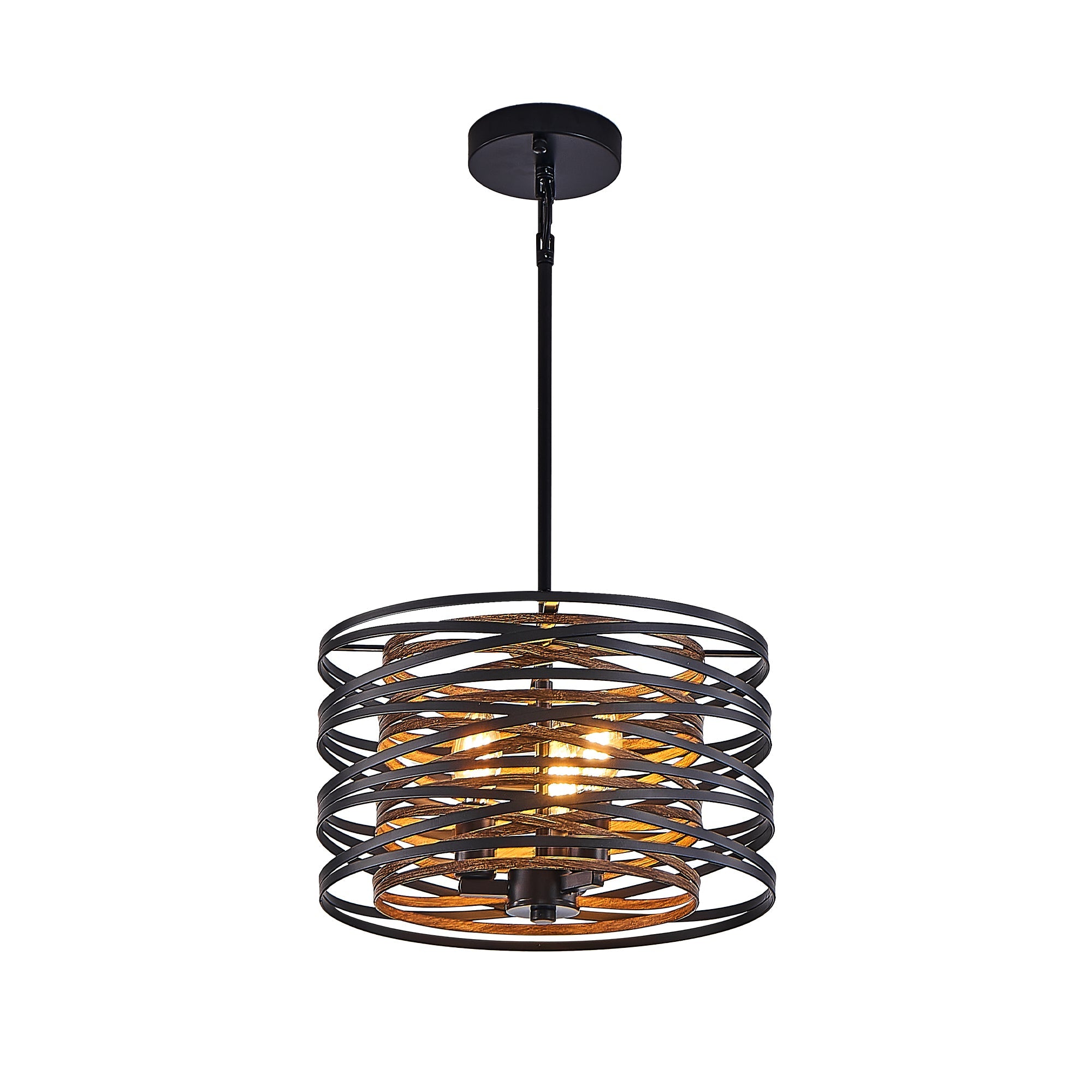 13" Rustic Industrial Pendant Light, 3-Light Black and Walnut Metal Cage Chandelier with Wood Accents