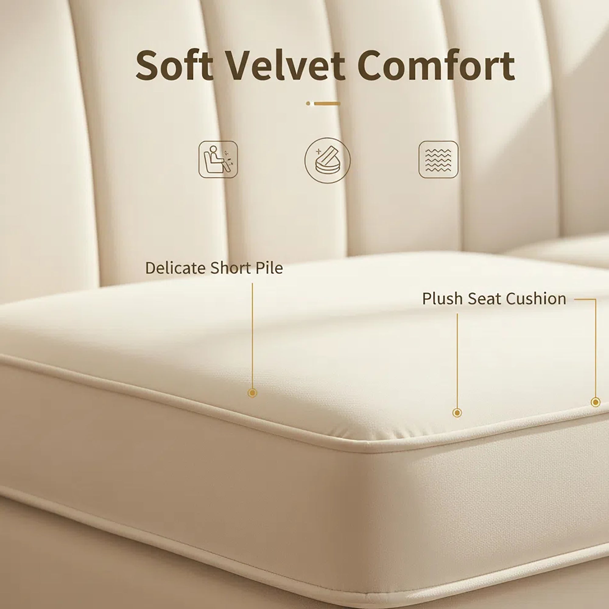 FX-P82-BE3 Modern Velvet 3-Seater Chesterfield Sofa with 2 Pillows