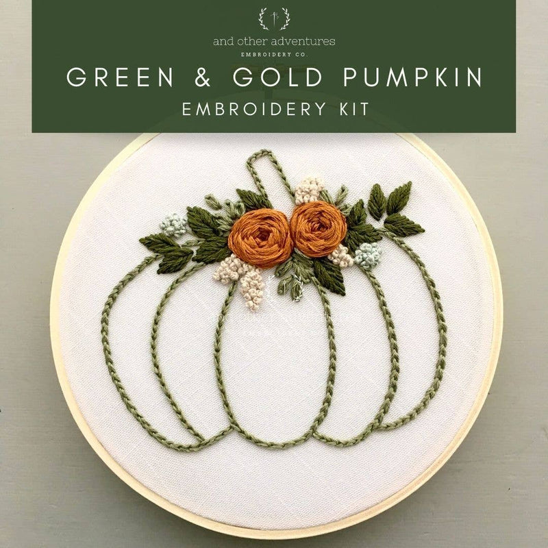 Beginner Embroidery Kit - Green & Gold Floral Pumpkin