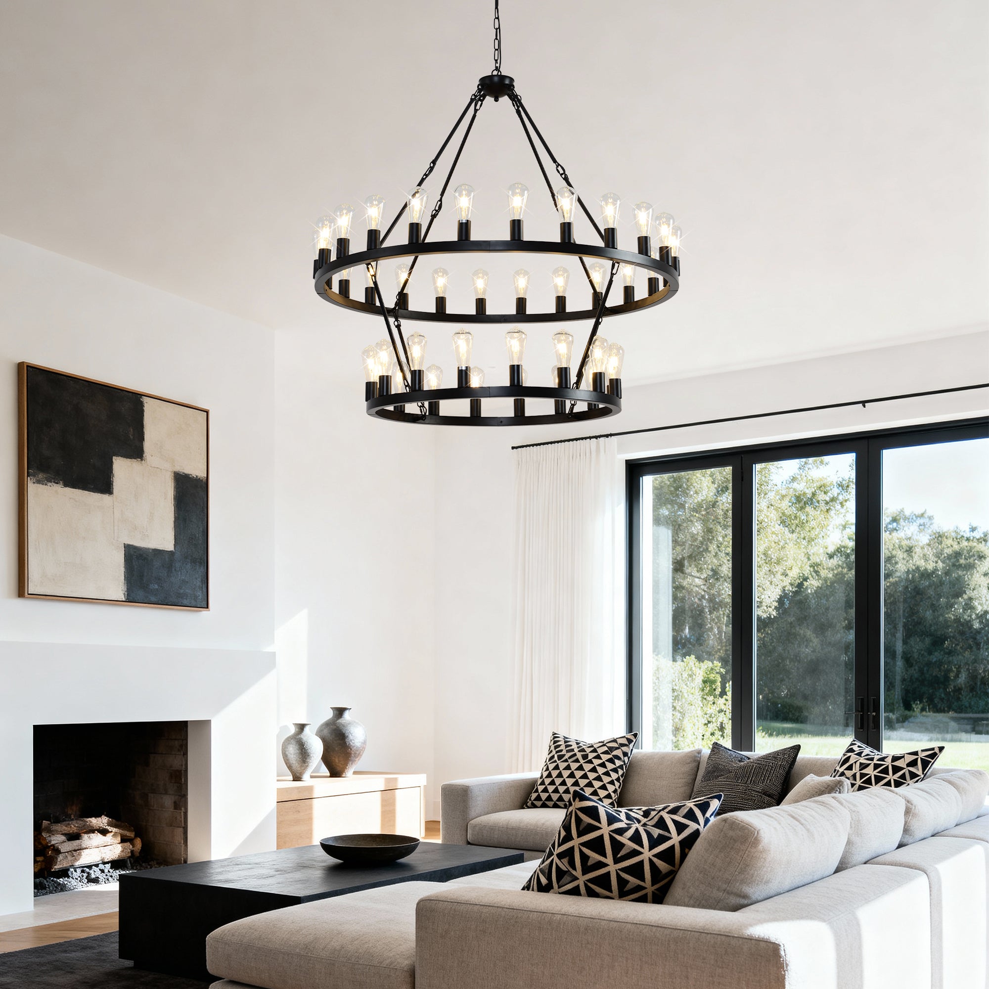 36-Lights 2-Level Matte Black Wagon Wheel Chandelier (24+12)
