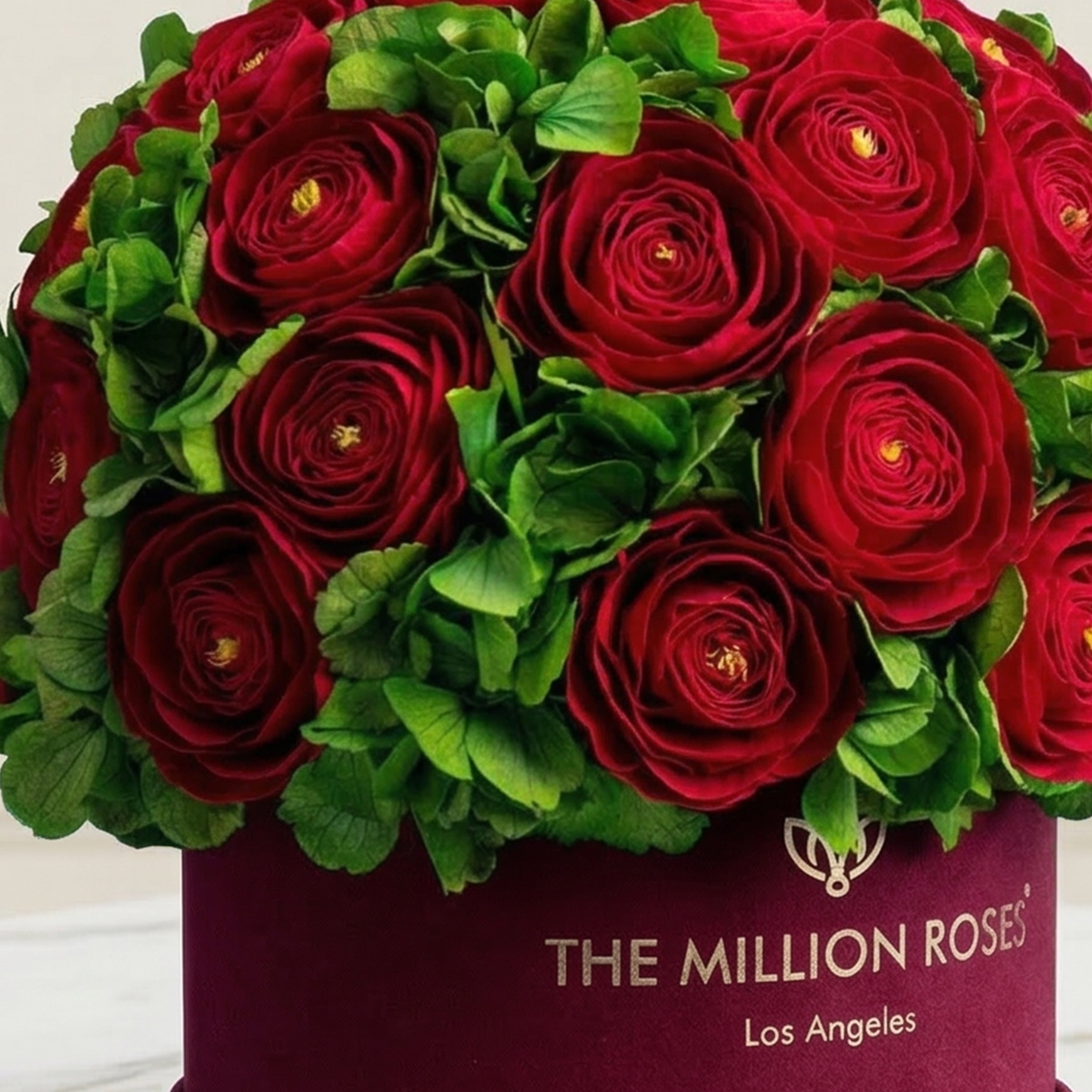 Classic Bordeaux Suede Box | Red Persian Buttercups & Green Hydrangeas