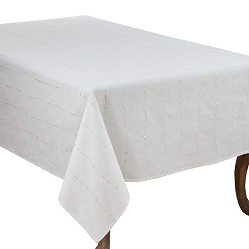 Fennco Styles Modern Silver Embroidery 100% Cotton Tablecloth - White Table Cover for Everyday Use, Dining Room Décor, Wedding, Special Events and Holiday