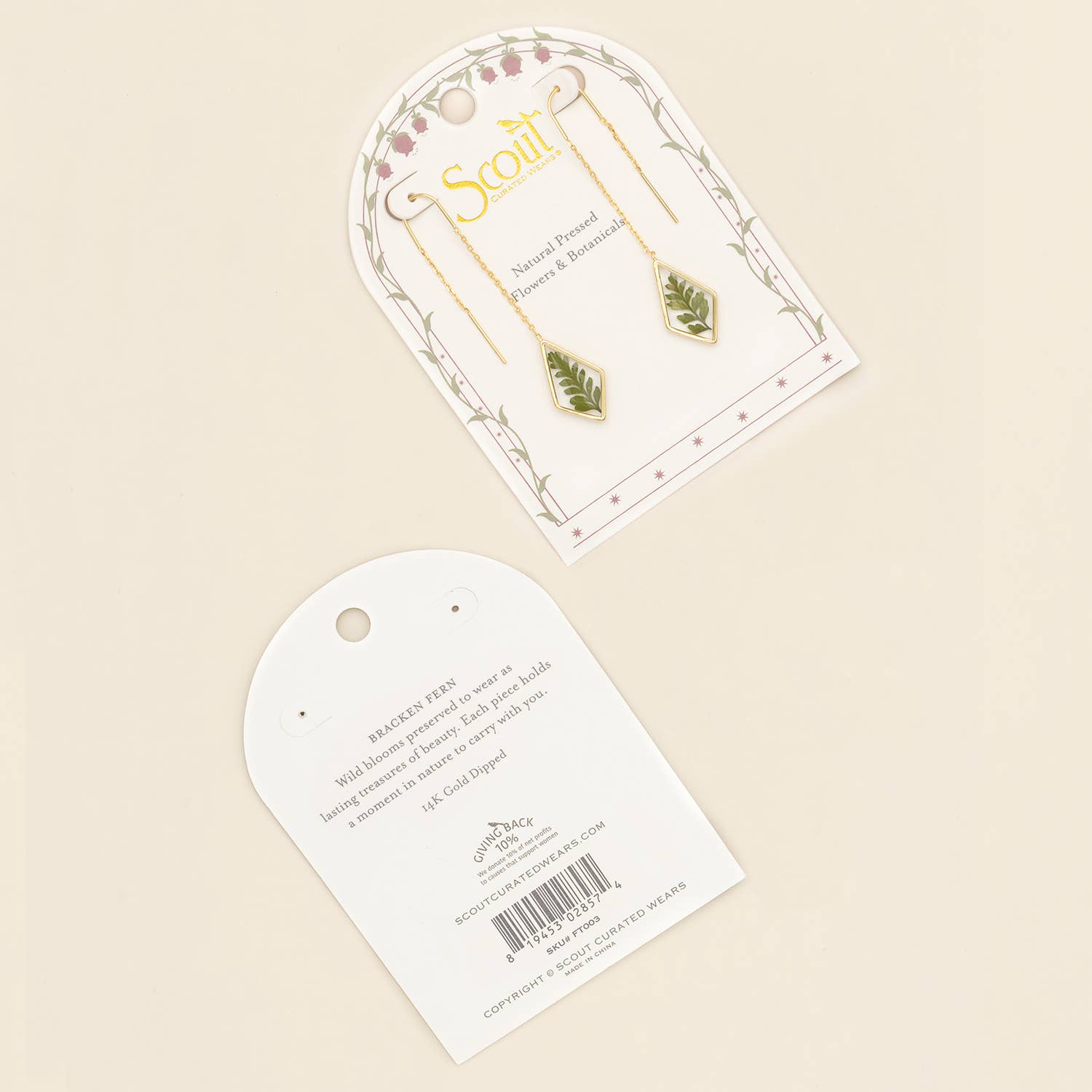 Pressed Flower Thread Earring - Green Bracken Fern/Gold