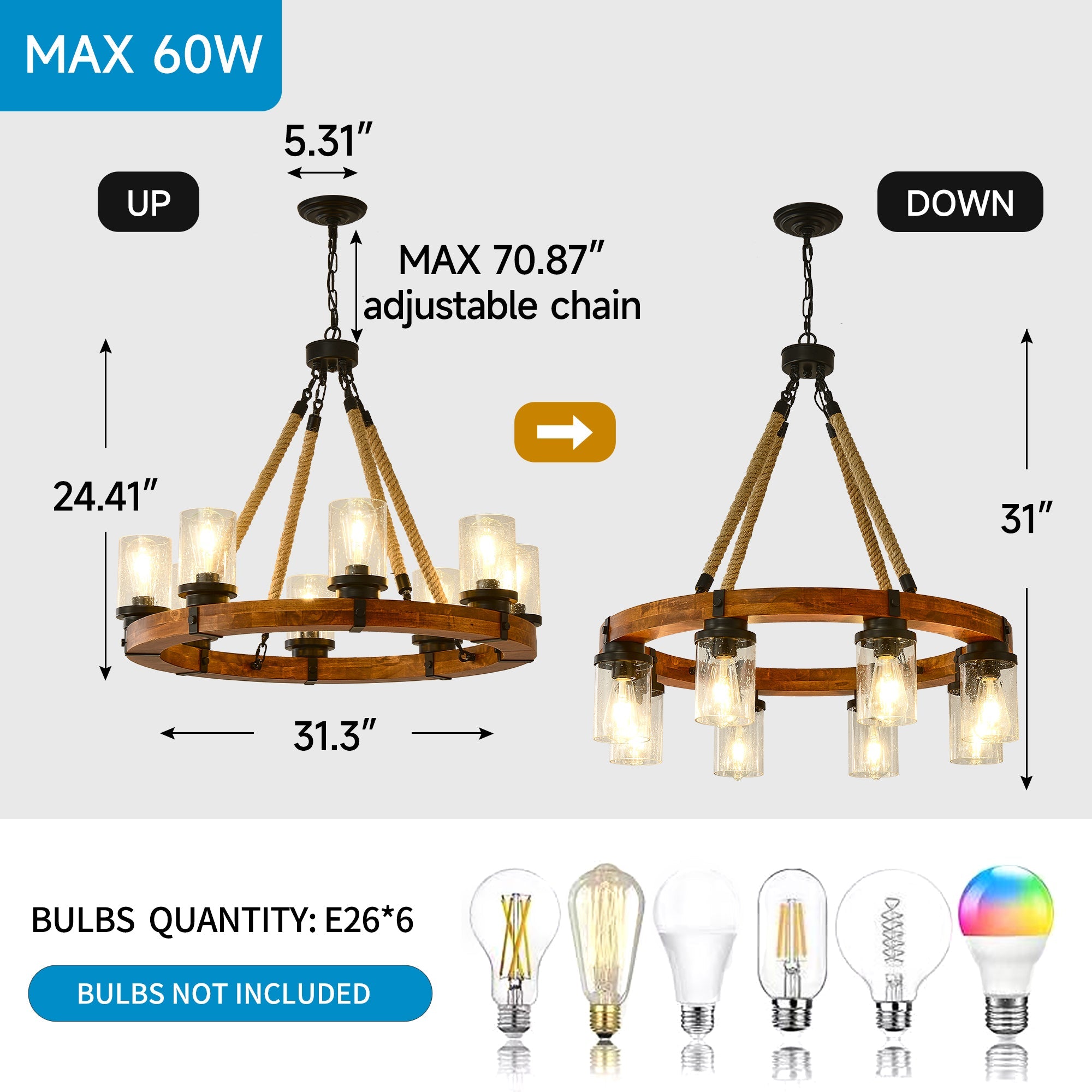 8 Light Rustic Wagon Wheel Chandelier, 31" Wooden Pendant Light with Seeded Glass Shade