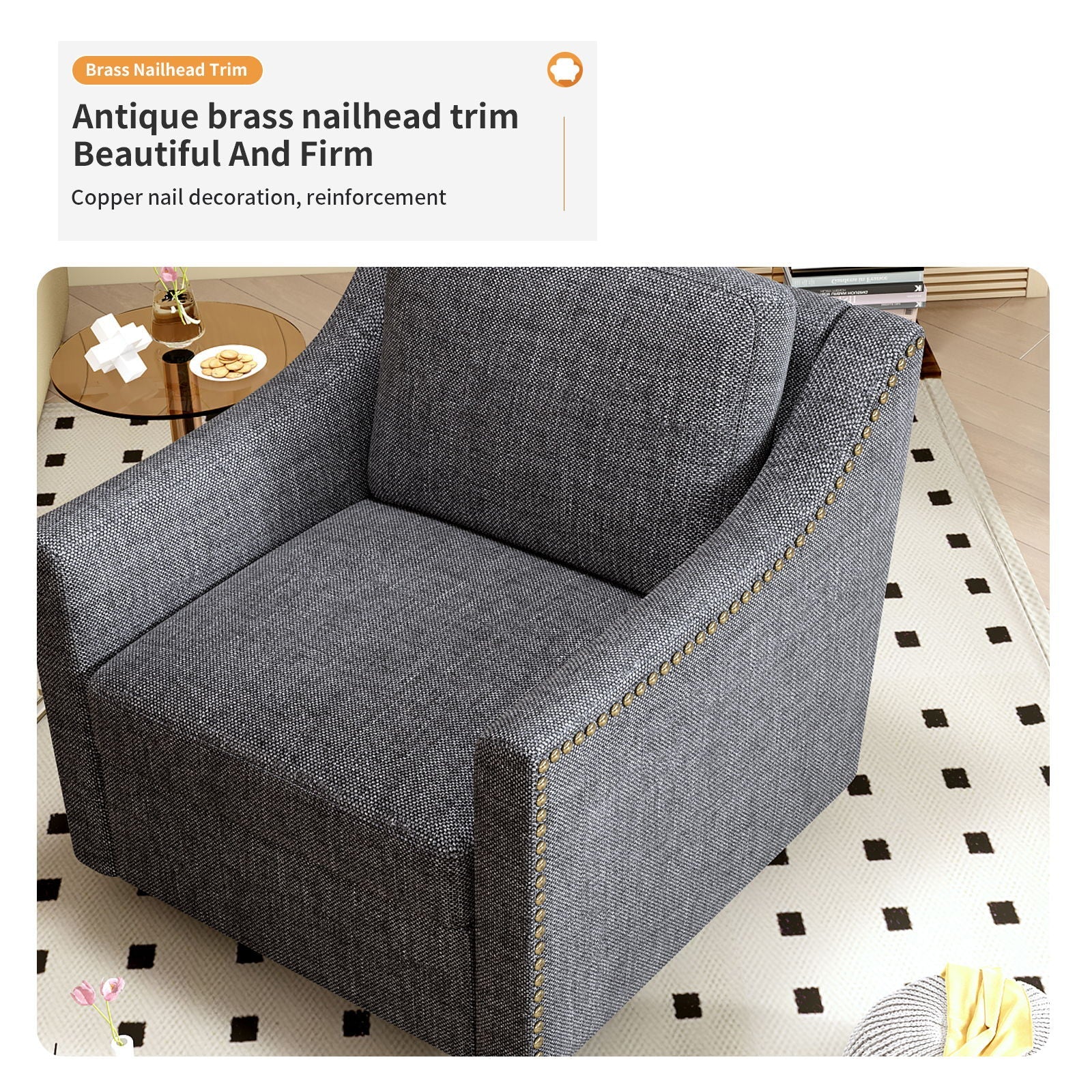 360 Degree Swivel Armchair, Skin Friendly Fabric, Ergonomic Design, Brass Nail Decorative Armchair