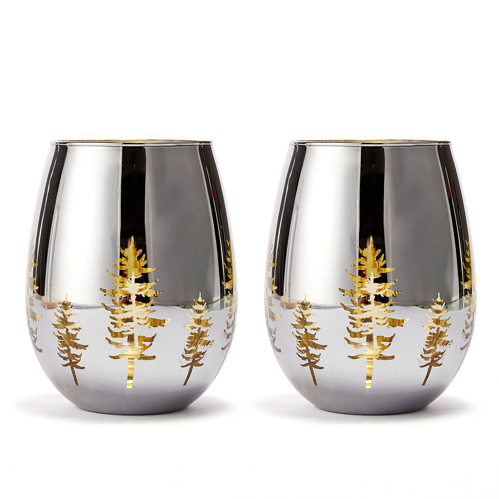 Crystal Christmas Tree Stemless Wine Water Glasses Set Of 2 Holiday Themed Vibrant Gold Etched Winte