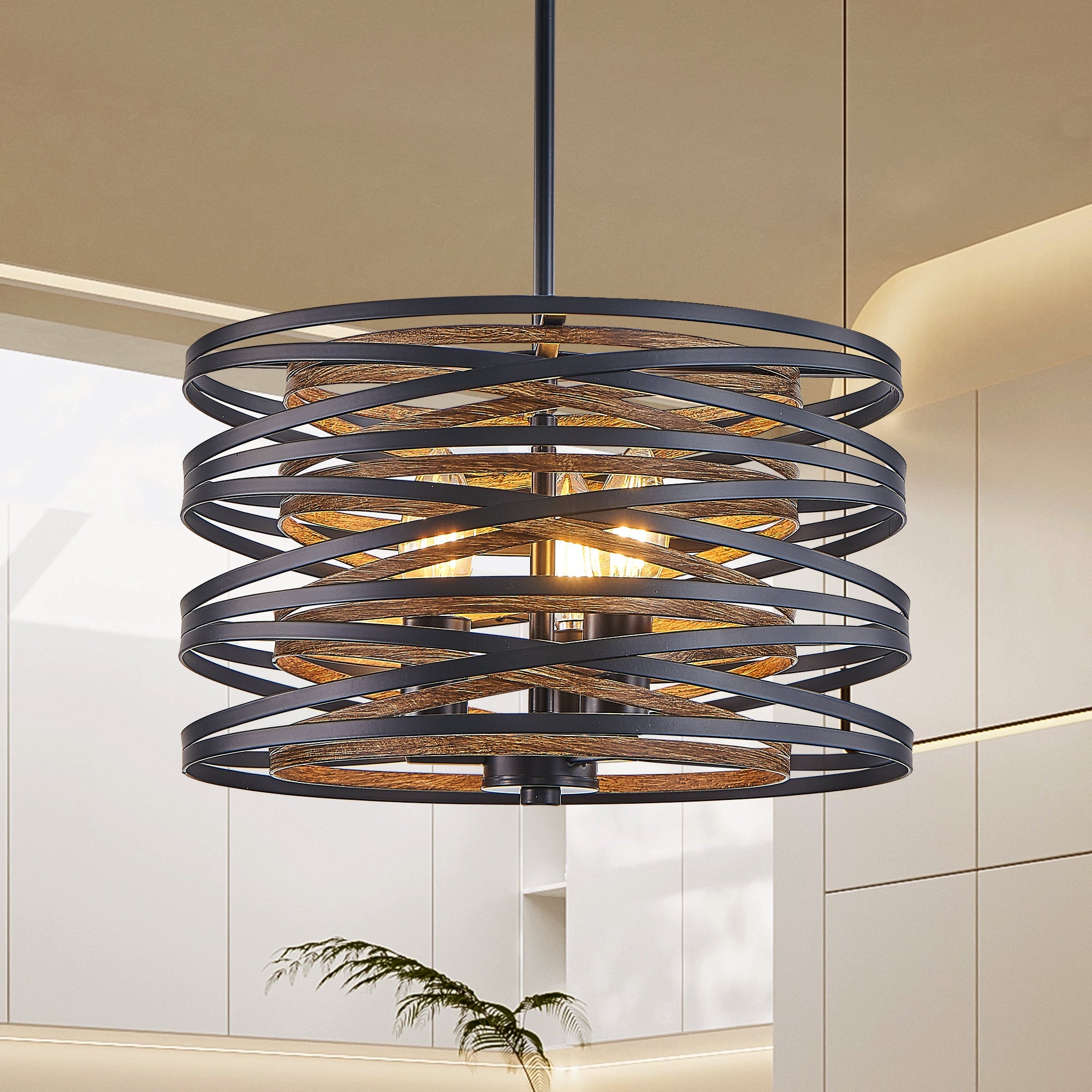 13" Rustic Industrial Pendant Light, 3-Light Black and Walnut Metal Cage Chandelier with Wood Accents