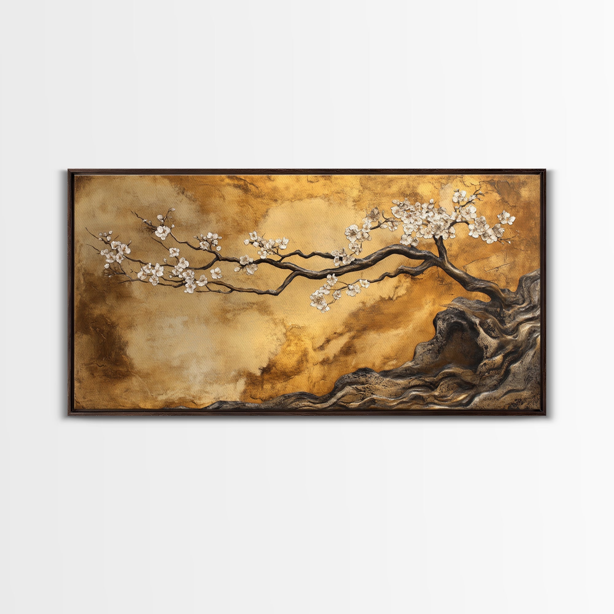 Framed Canvas Print of Golden Cherry Blossom Art in Chinoiserie Style with Metallic Details, Elegant Botanical Wall Art Gift