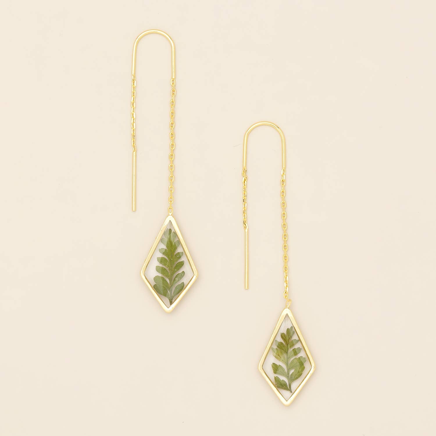 Pressed Flower Thread Earring - Green Bracken Fern/Gold