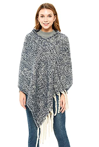 stylesilove Autumn Winter Women Solid Knitted V-Neck Pullover Fringe Poncho Sweater Lightweight Cape Cozy Wrap Tassel Shawl