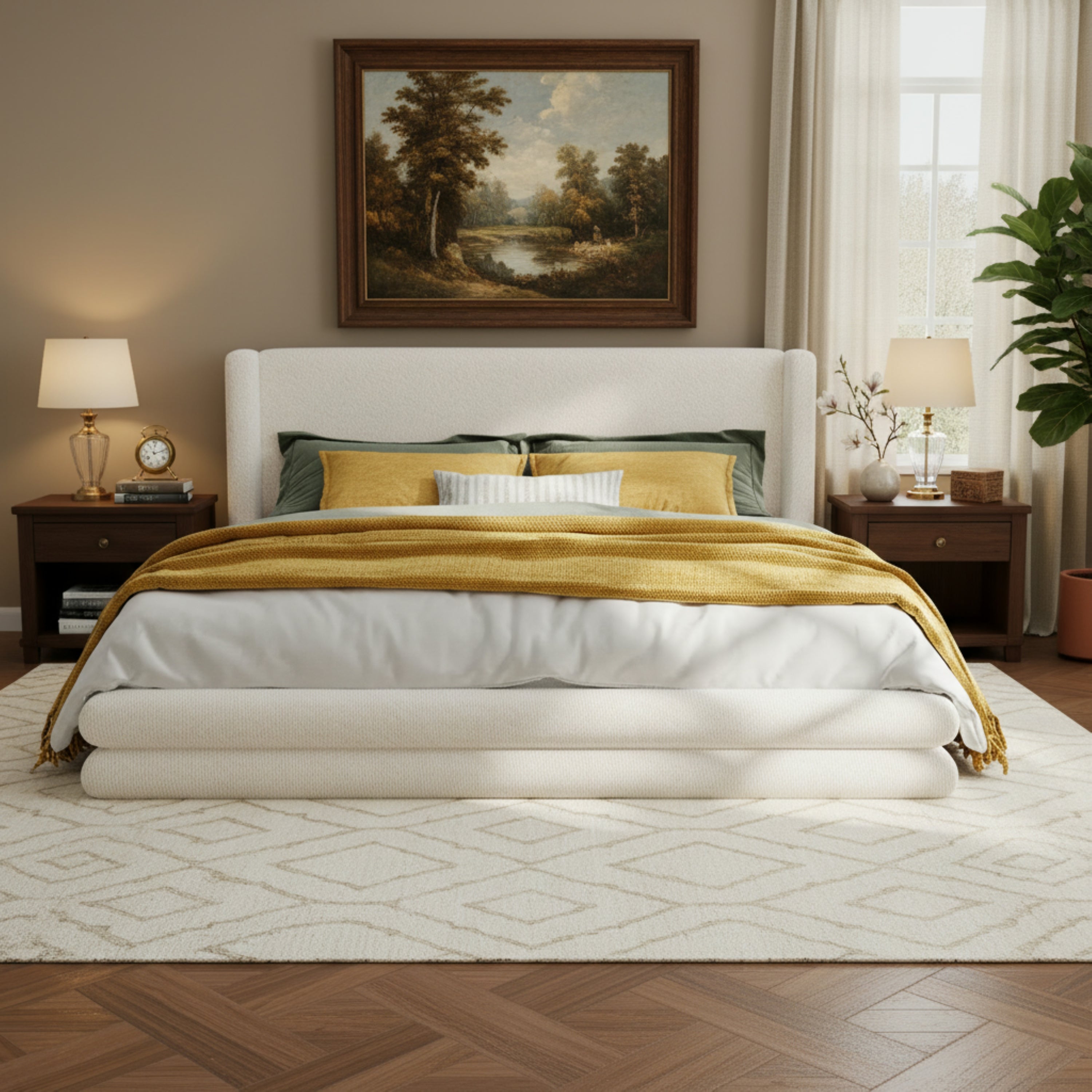 King Size Upholstered Bed Frame With Boucle Thick Wingback Headboard