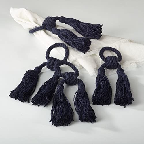 Fennco Styles Chic and Fun Jute Tassel Decorative Napkin Rings, Set of 4 - Navy Blue Handmade Napkin Holders for Dining Table, Home, Banquets, Holidays, Family Gatherings and Special Events