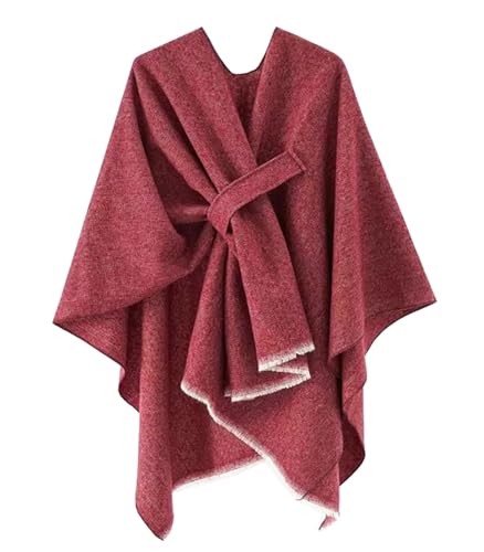 stylesilove Women Elegant Solid Color Fringe Poncho Open Front Shawl Cape Ultra Warm Wrap for Autumn Winter Season
