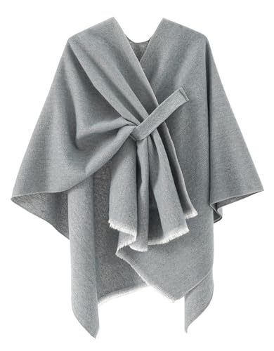 stylesilove Women Elegant Solid Color Fringe Poncho Open Front Shawl Cape Ultra Warm Wrap for Autumn Winter Season