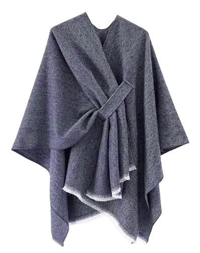 stylesilove Women Elegant Solid Color Fringe Poncho Open Front Shawl Cape Ultra Warm Wrap for Autumn Winter Season