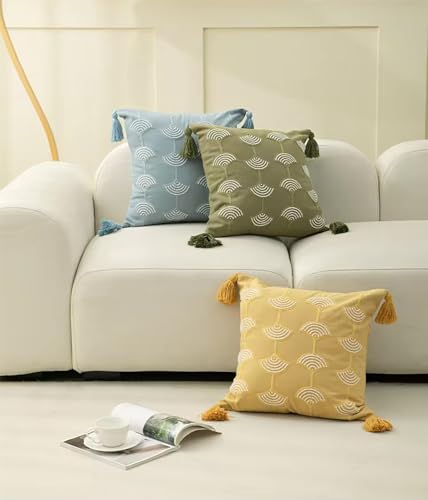Fennco Styles Hand Beaded Embroidery Ginkgo Leaf Throw Pillow with Tassel 18" W x 18" L - Green Leaves Cotton Cushion for Home, Couch, Living Room, Bedroom and Office Décor