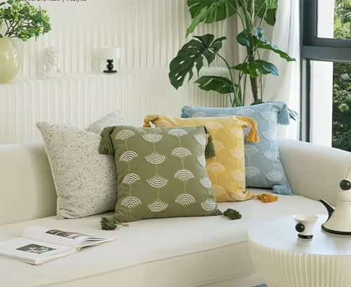 Fennco Styles Hand Beaded Embroidery Ginkgo Leaf Throw Pillow with Tassel 18" W x 18" L - Green Leaves Cotton Cushion for Home, Couch, Living Room, Bedroom and Office Décor