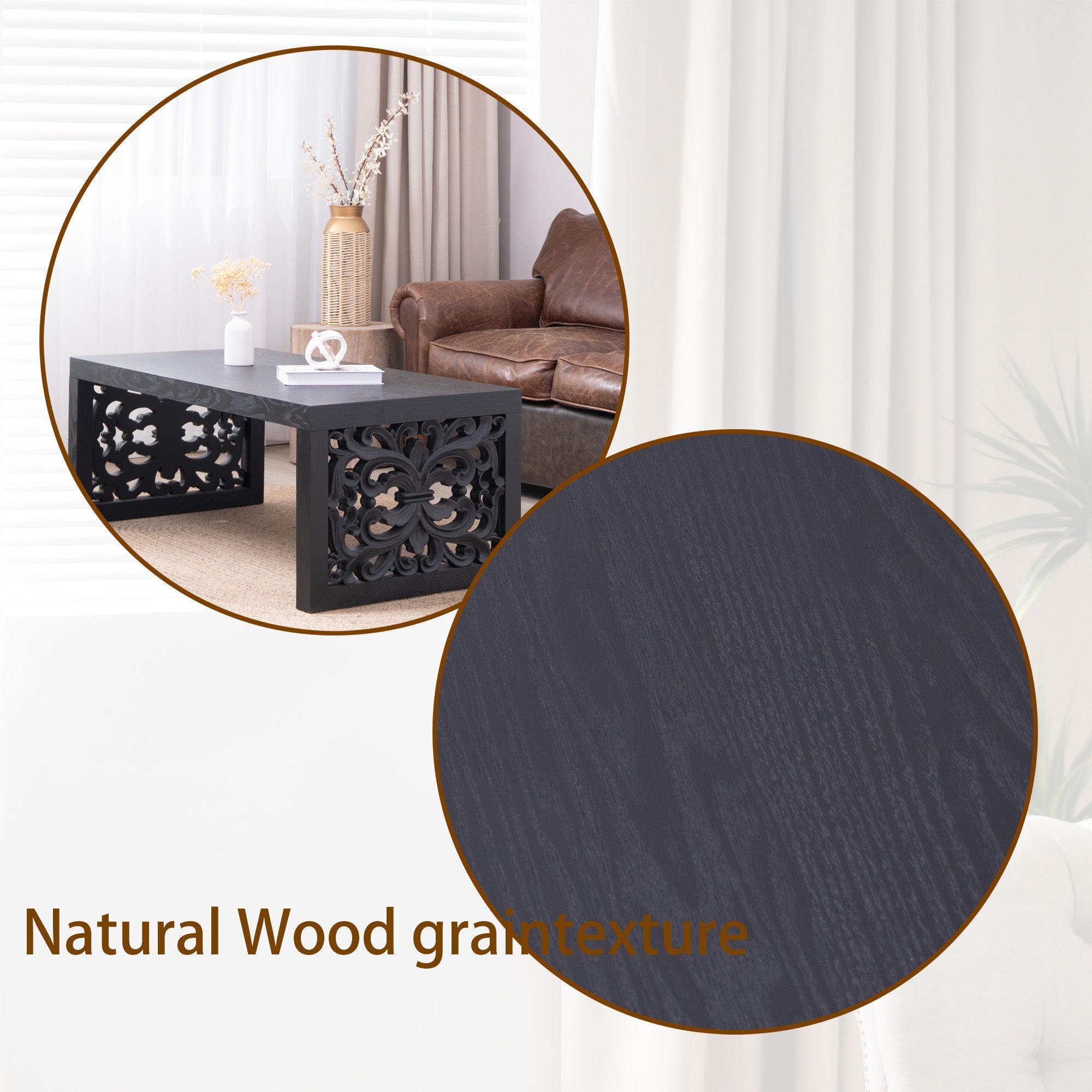 47.2" Solid Black Carved Wood Coffee Table – Handcrafted Look with Ornate Side Panels