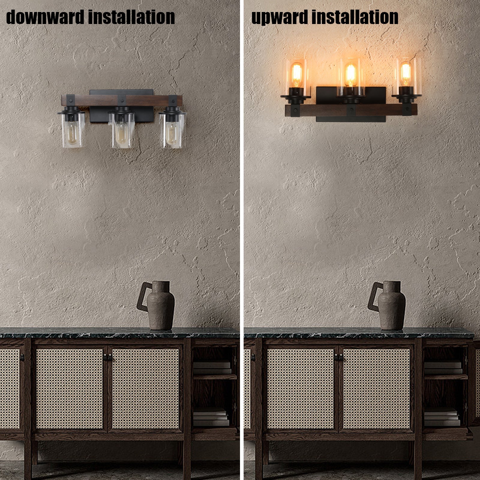 19" Rustic 3-Light Vanity Light, Industrial Bathroom Wall Sconce, Modern Farmhouse Lighting Fixture (No Bulbs)