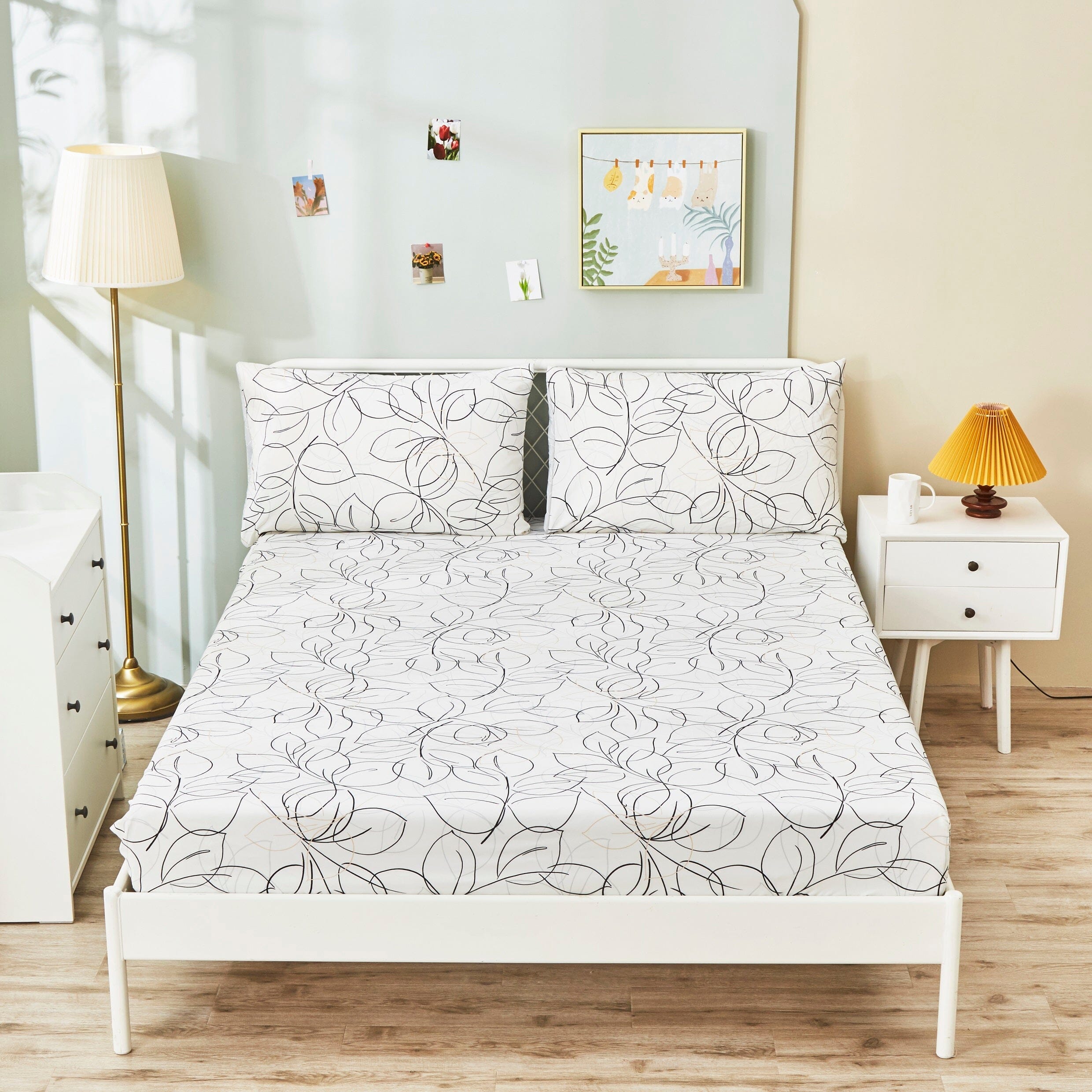 Tache Modern Abstract Leaf Line Art Foliage White Grey Black Gold Fitted Sheet / Flat Sheet (TJ3571)