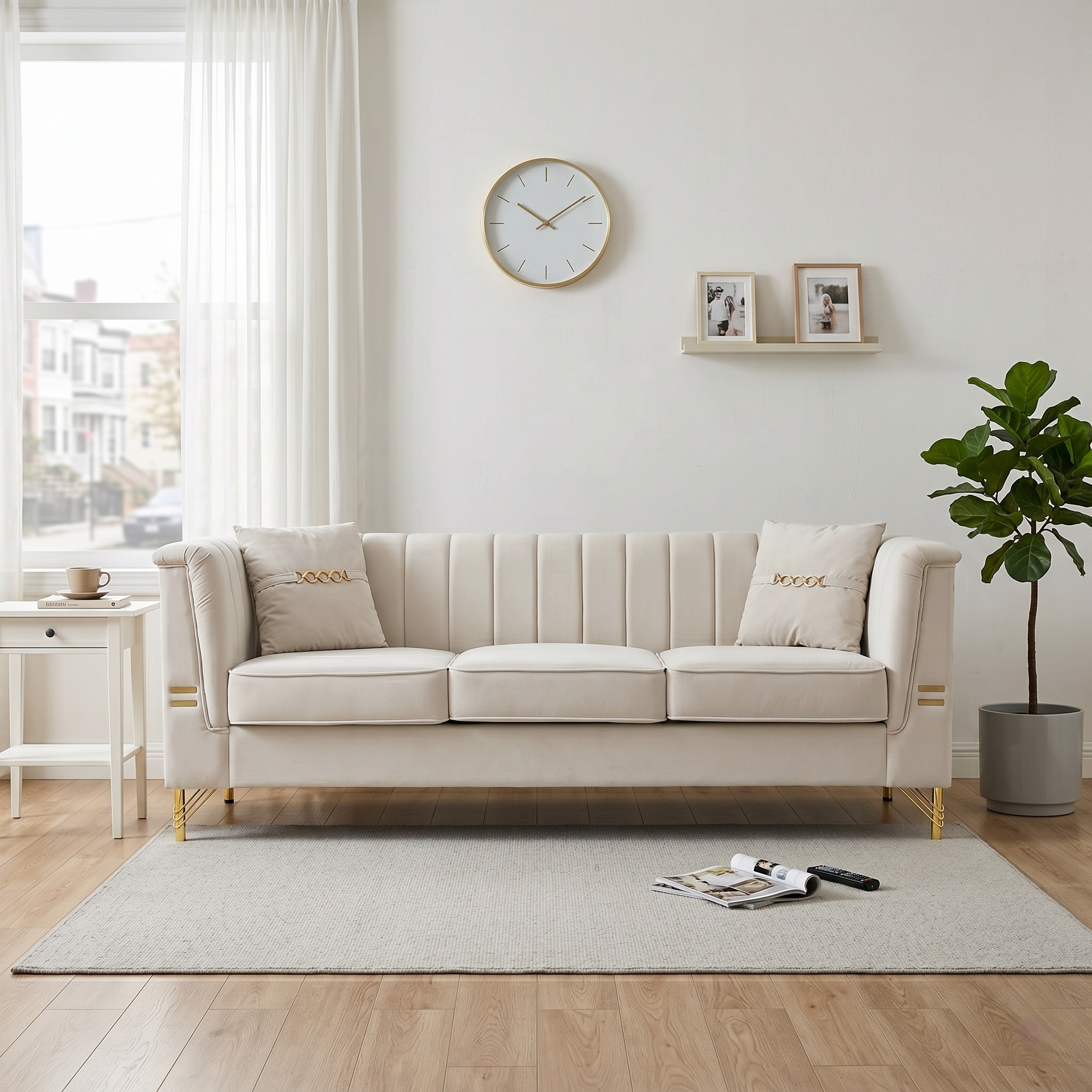 FX-P82-BE3 Modern Velvet 3-Seater Chesterfield Sofa with 2 Pillows