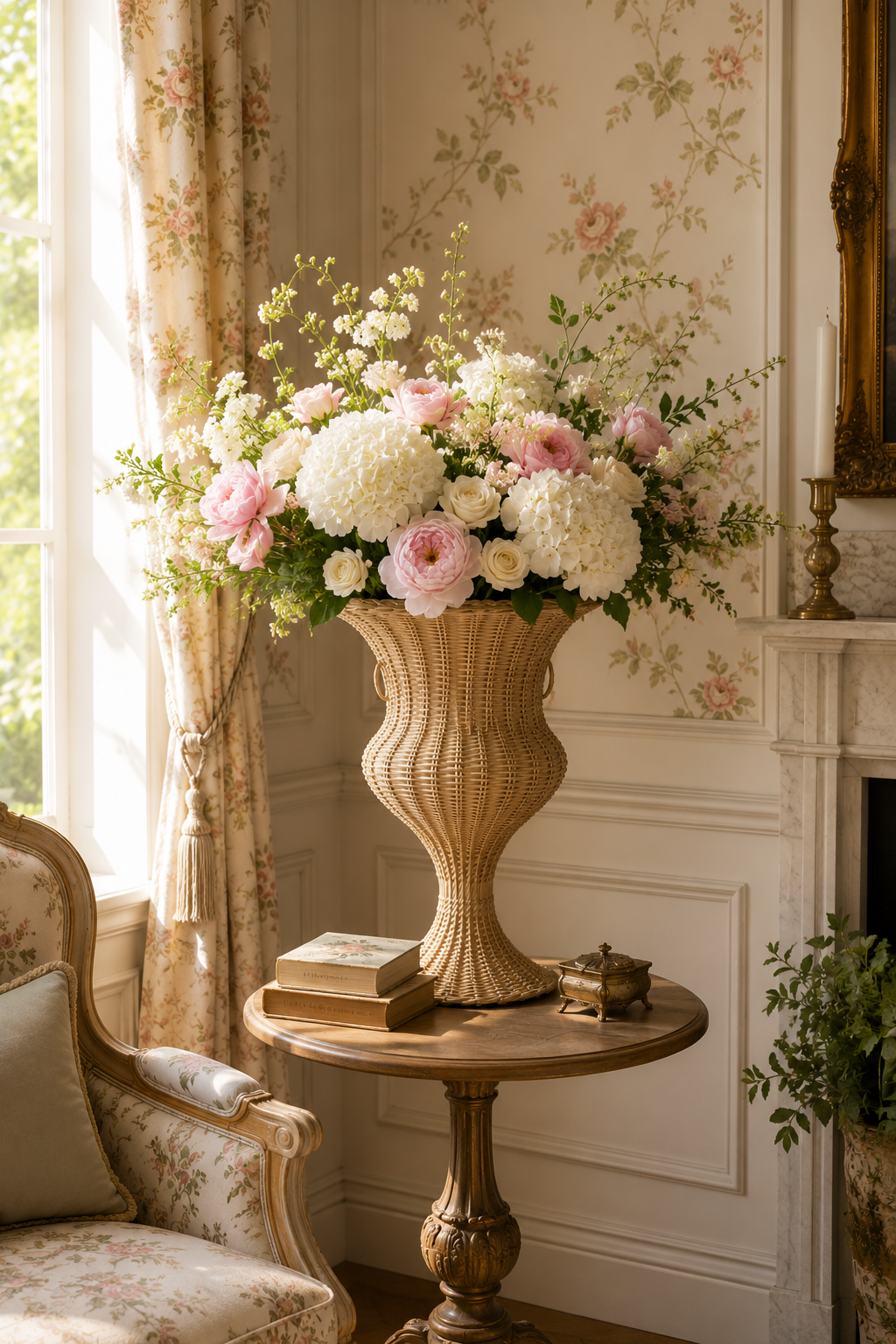 Round Scalloped Wicker Urn and Pedestal (2 Options)