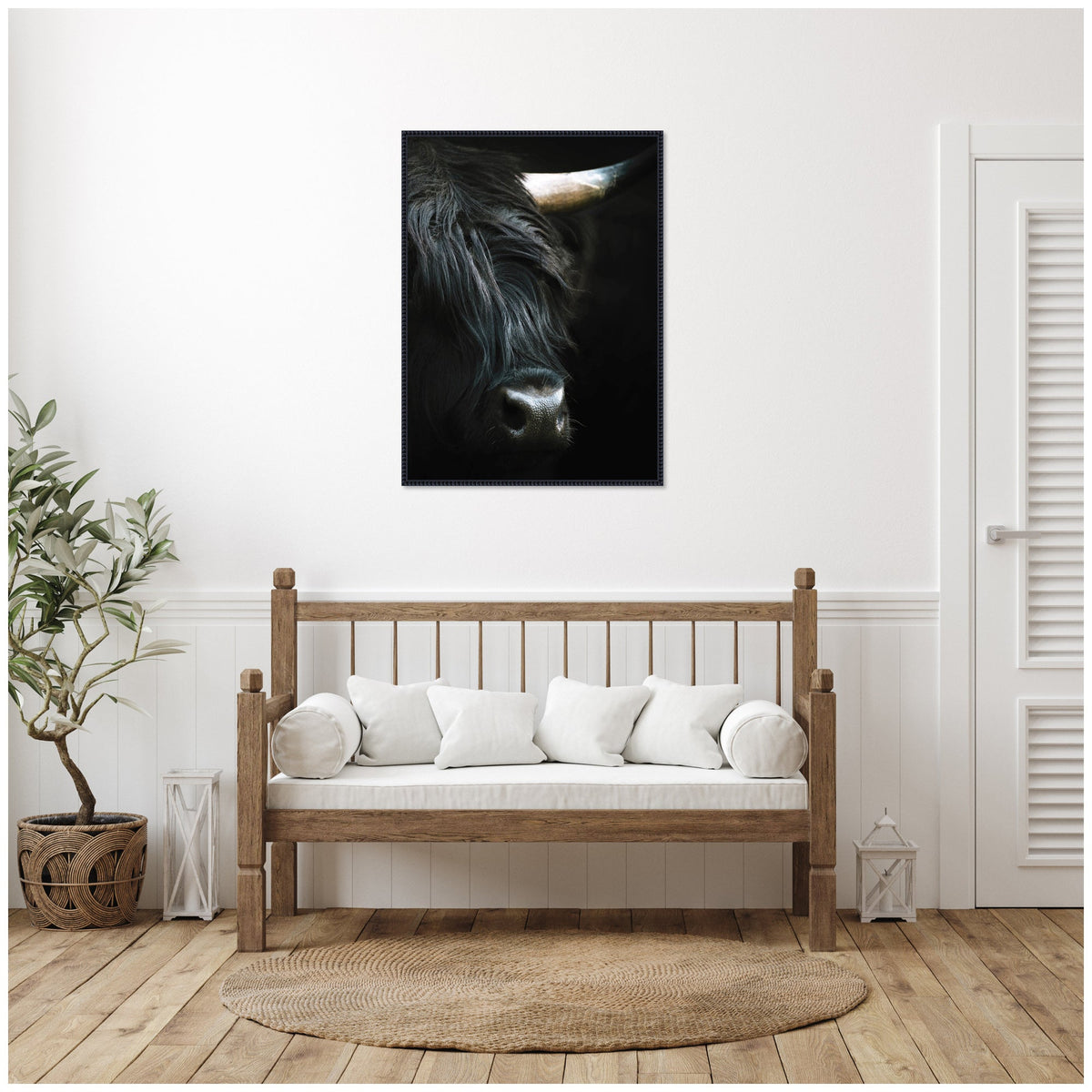 Minimalist Black Highland Cow Closeby Michael Schauer Framed Canvas Wall Art Print