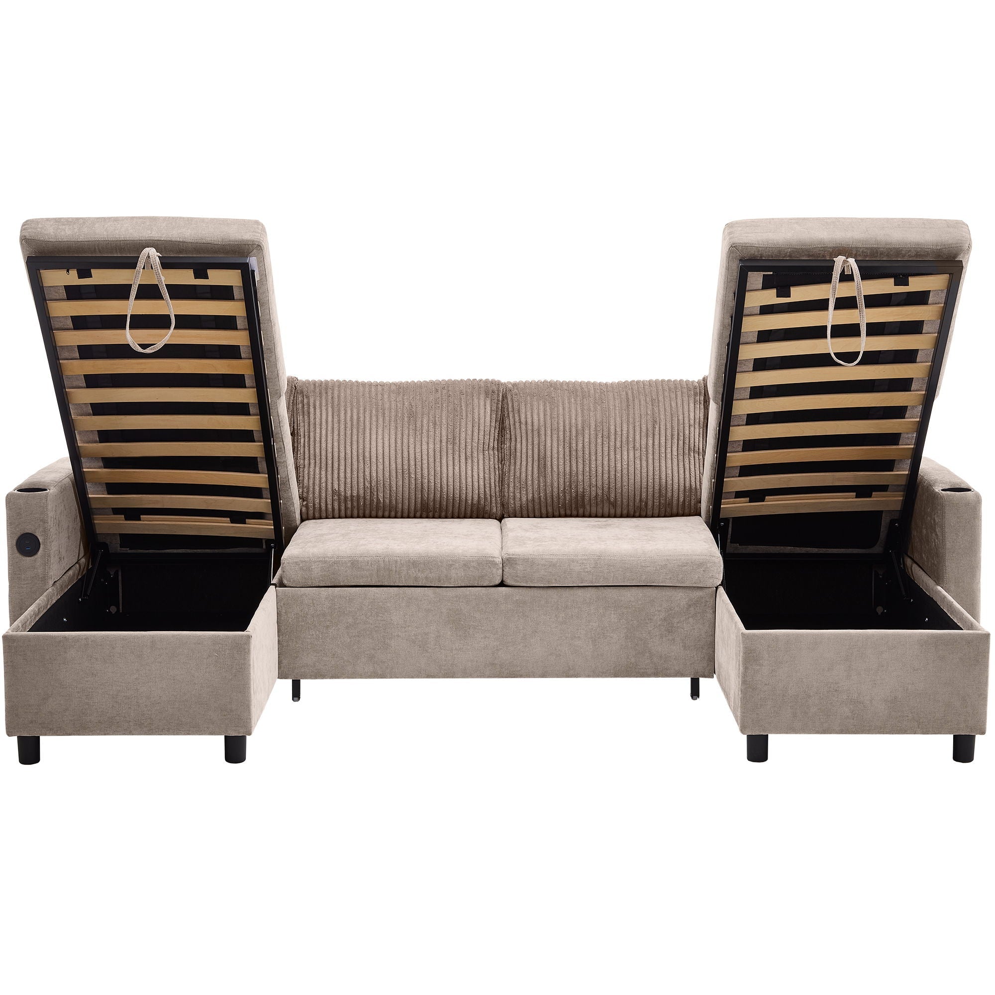 Sectional Sofa Bed With Pull Out Sleeper, USB Ports, Cup Holders