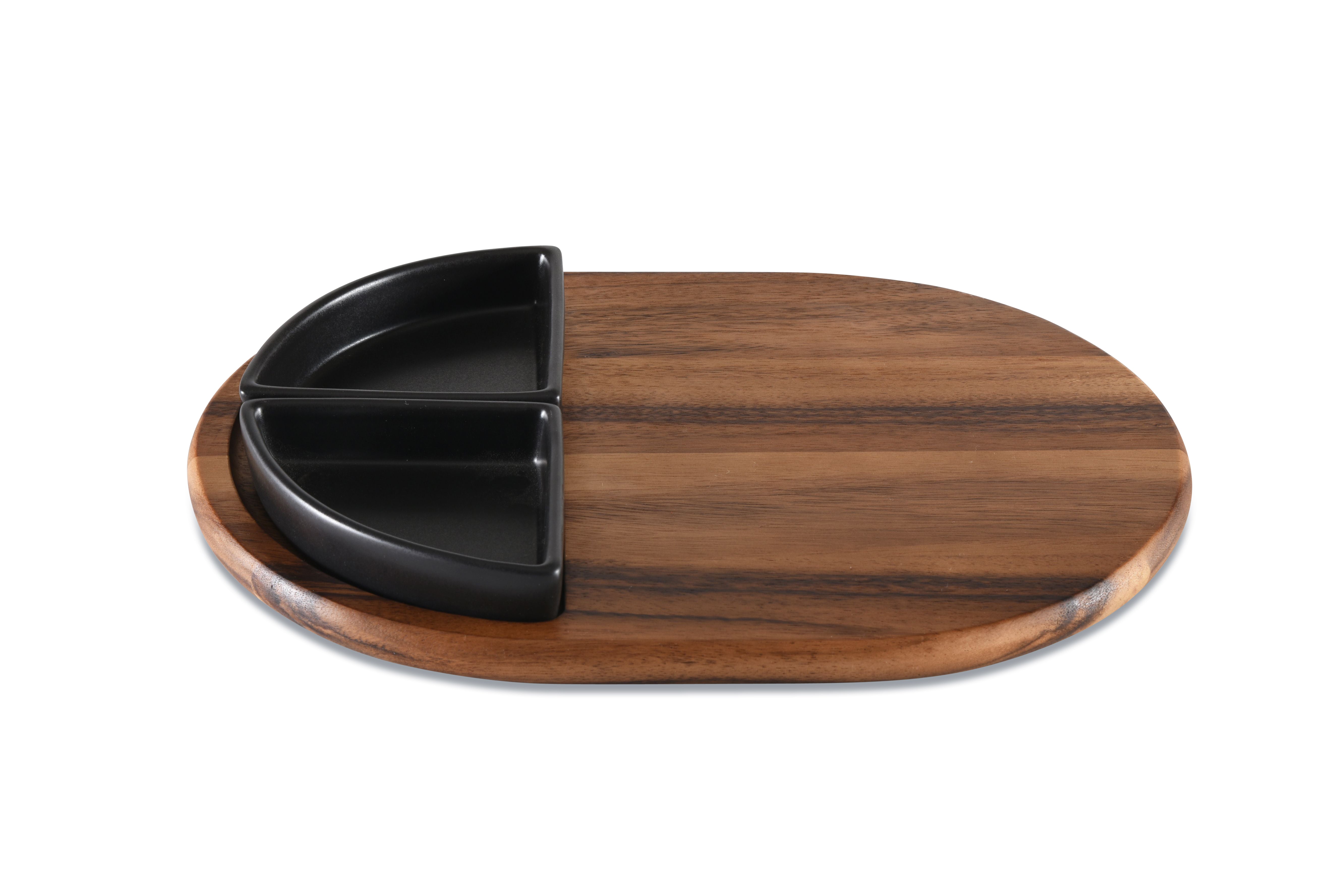 Charcuterie / Serving Tray w/ 2 Triangular Ceramic Bowls