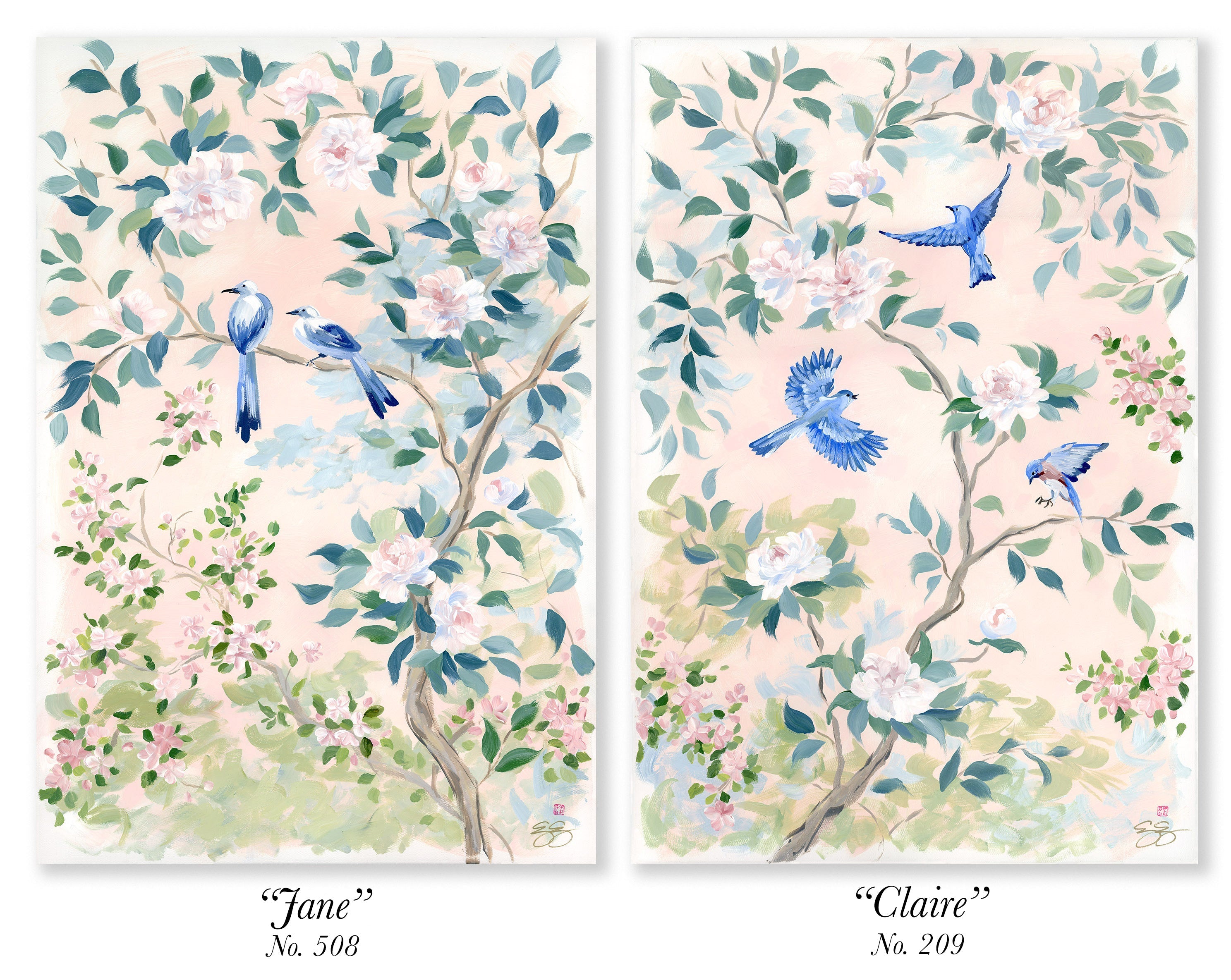 "Jane," Original blush pink chinoiserie painting with birds and flowers (No. 508) - 24 x 36