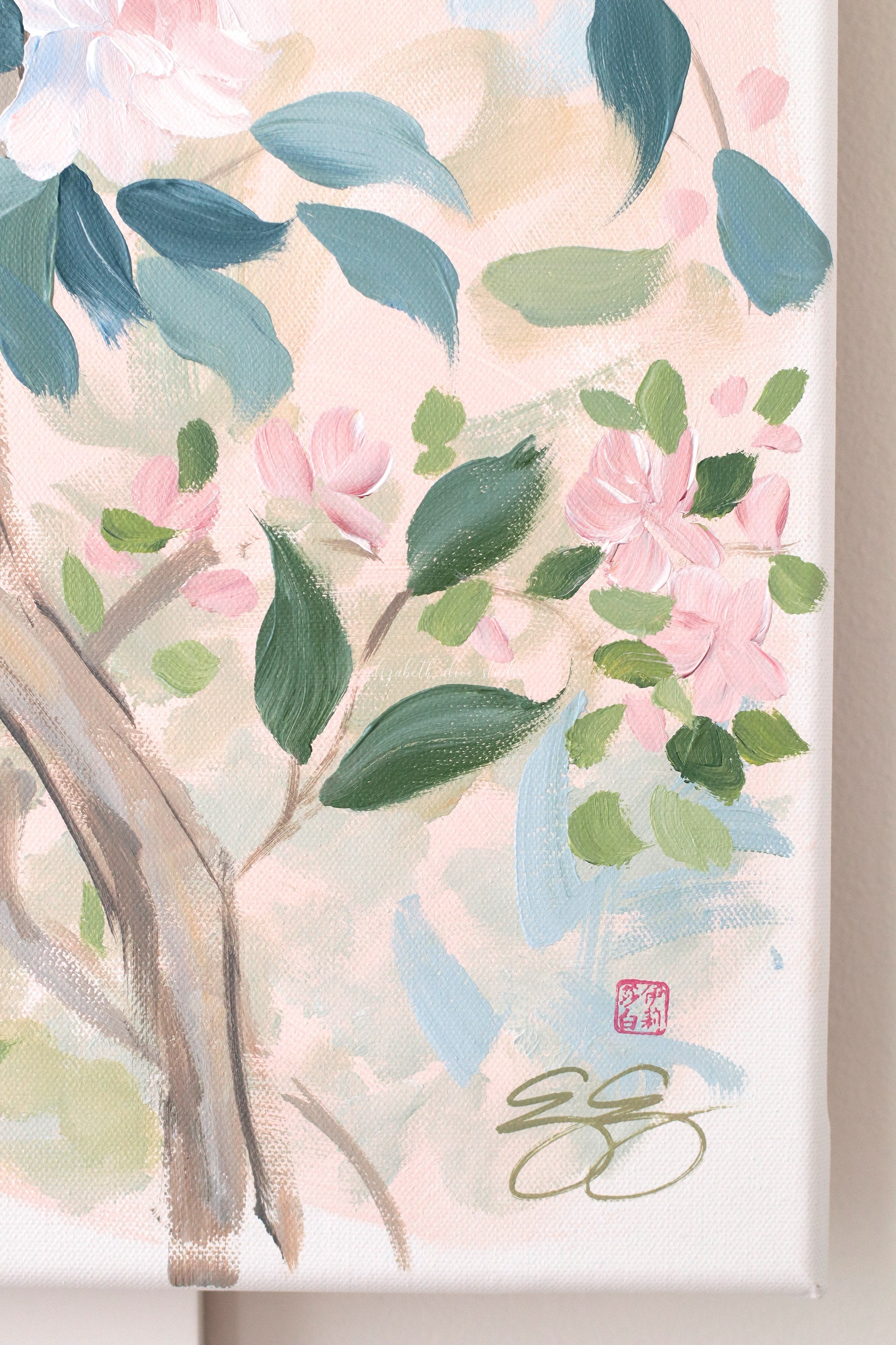 "Jane," Original blush pink chinoiserie painting with birds and flowers (No. 508) - 24 x 36