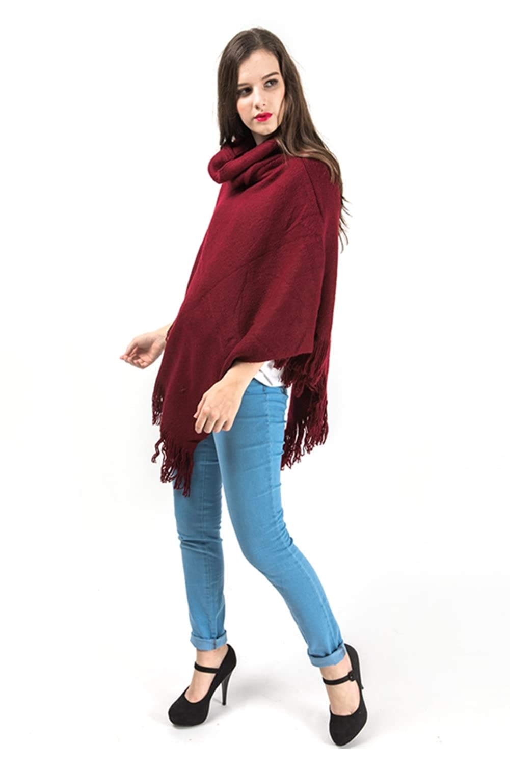 stylesilove Women Autumn Winter Solid Knitted Turtleneck Pullover Fringe Poncho Sweater Soft Wrap Lightweight Shawl