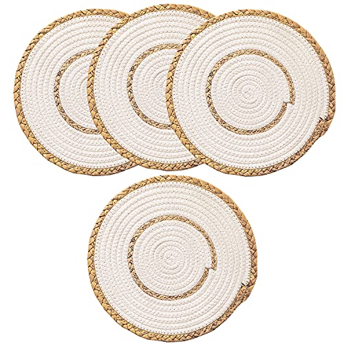 Fennco Styles Hand-Woven Rattan Cotton Rope Braided Placemats 12-Inch Round, Set of 4 - Heat Resistant Insulation Table Mats for Home, Boho Décor, Dining Table, Banquets and Special Events
