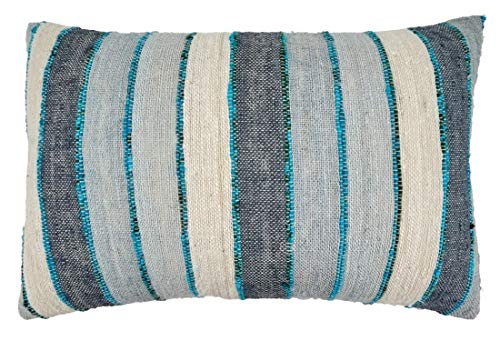 Woven Chindi Striped Fringe 100% Cotton Decorative Throw Pillow Cover 16 x 24 Inch - Blue Throw Pillow Case for Home, Couch, Living Room and Bedroom Décor