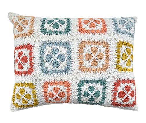 Pastel Crochet Tiles 100% Pure Cotton Decorative Throw Pillow 12" W x 16" L - Multicolored Accent Cushion for Couch, Sofa, Bedroom, Office and Living Room Décor