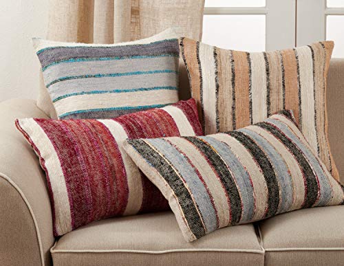 Woven Chindi Striped Fringe 100% Cotton Decorative Throw Pillow Cover 16 x 24 Inch - Blue Throw Pillow Case for Home, Couch, Living Room and Bedroom Décor