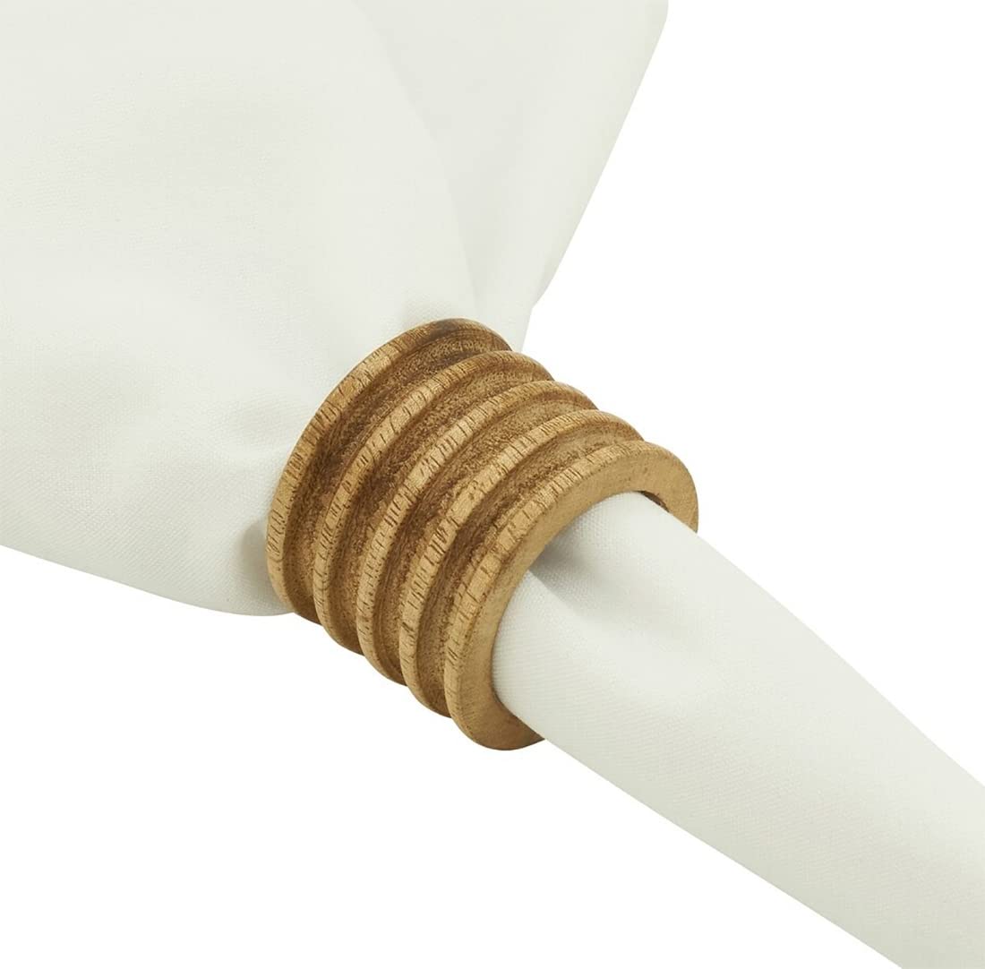 Fennco Styles Mango Wood Ribbed Napkin Rings, Set of 4 - Natural Decorative Wooden Napkin Holders for Home, Dining Room, Banquet, Family Gathering, Holiday and Special Occasion