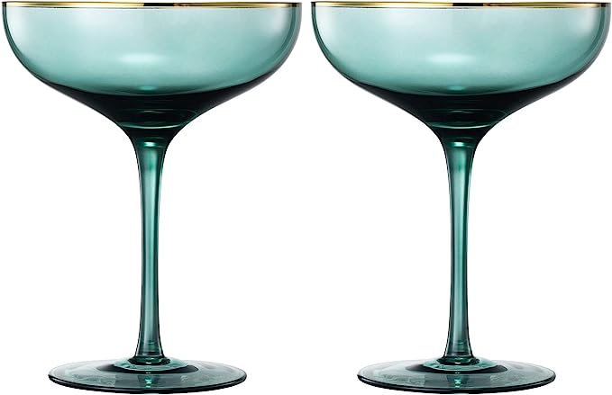 Colored Green Gilded Rim Wine Glassware Large 9OZ Cocktail Champagne Glasses 2 Set Vibrant Color Gol