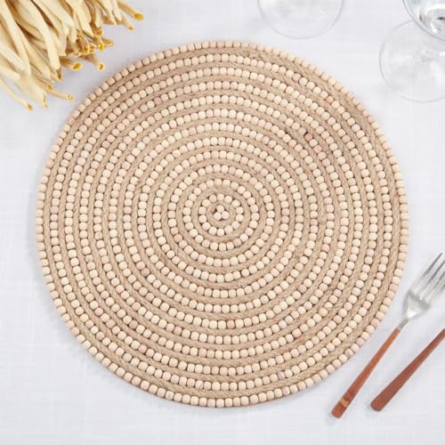 Fennco Styles Hand Beaded Spiral Swirl Design Placemat 14" Round, 1-Piece - Blue Wood Beads and Jute Table Mat for Home Décor, Family Gathering, Banquets, Everyday Use and Special Occasion