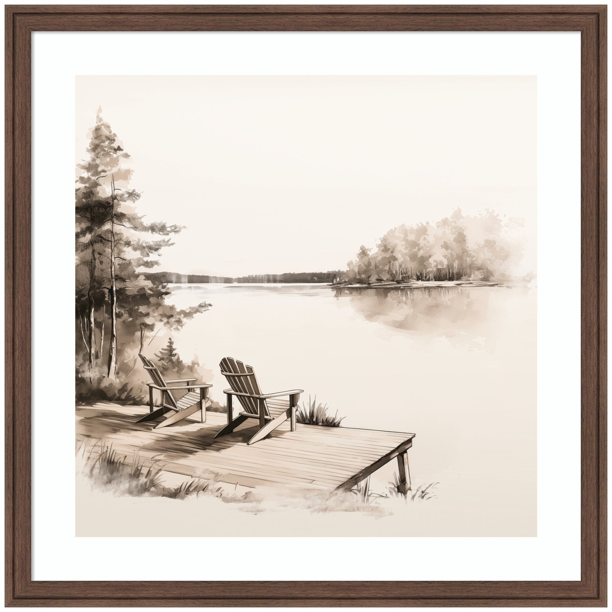 Abstract Sketch Of Adirondack Chairs On A Dock by The Creative Bunch Studio Framed Wall Art Print