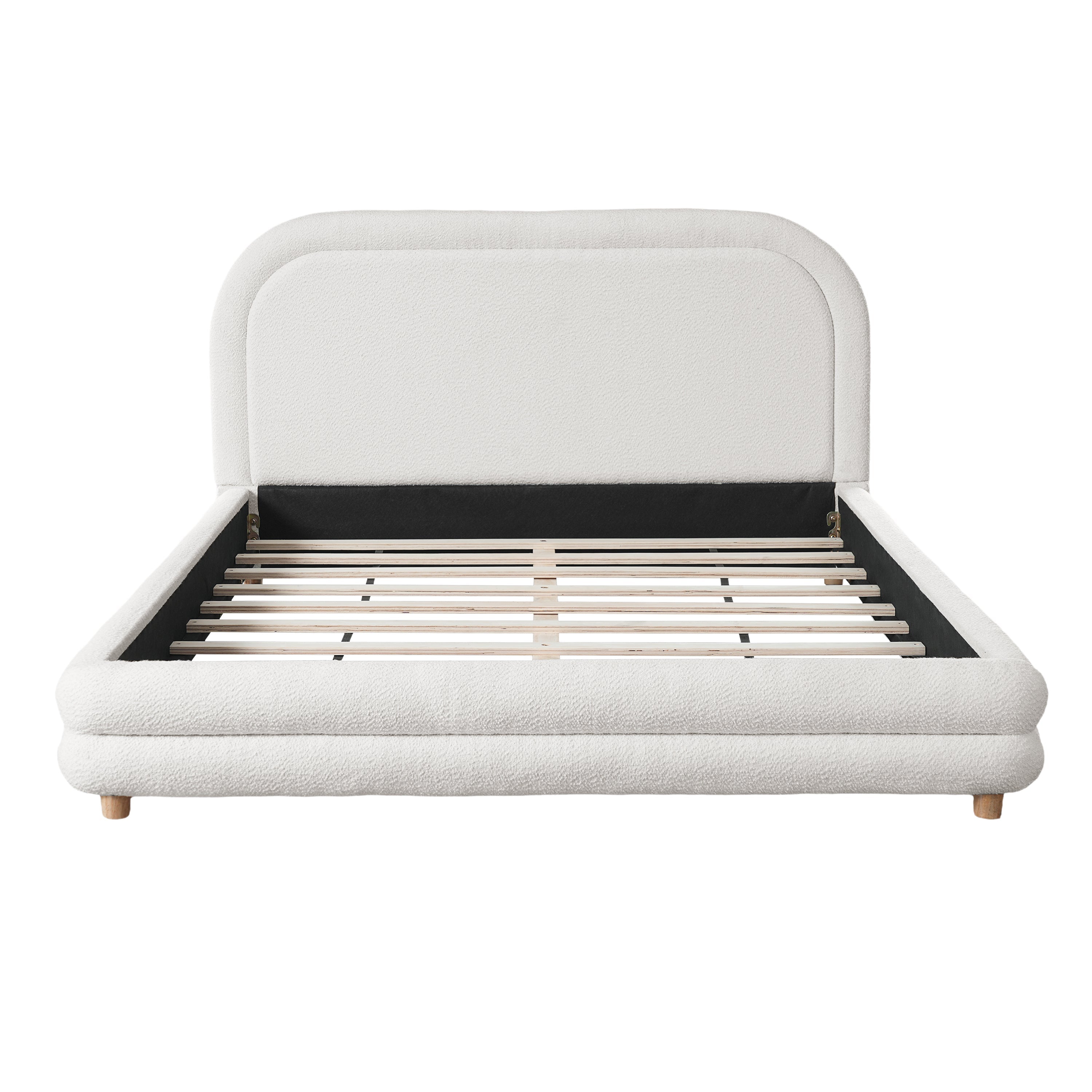 Queen Size Bed Frame With Boucle Upholstered Thick Curved Headboard, Solid Wood Legs