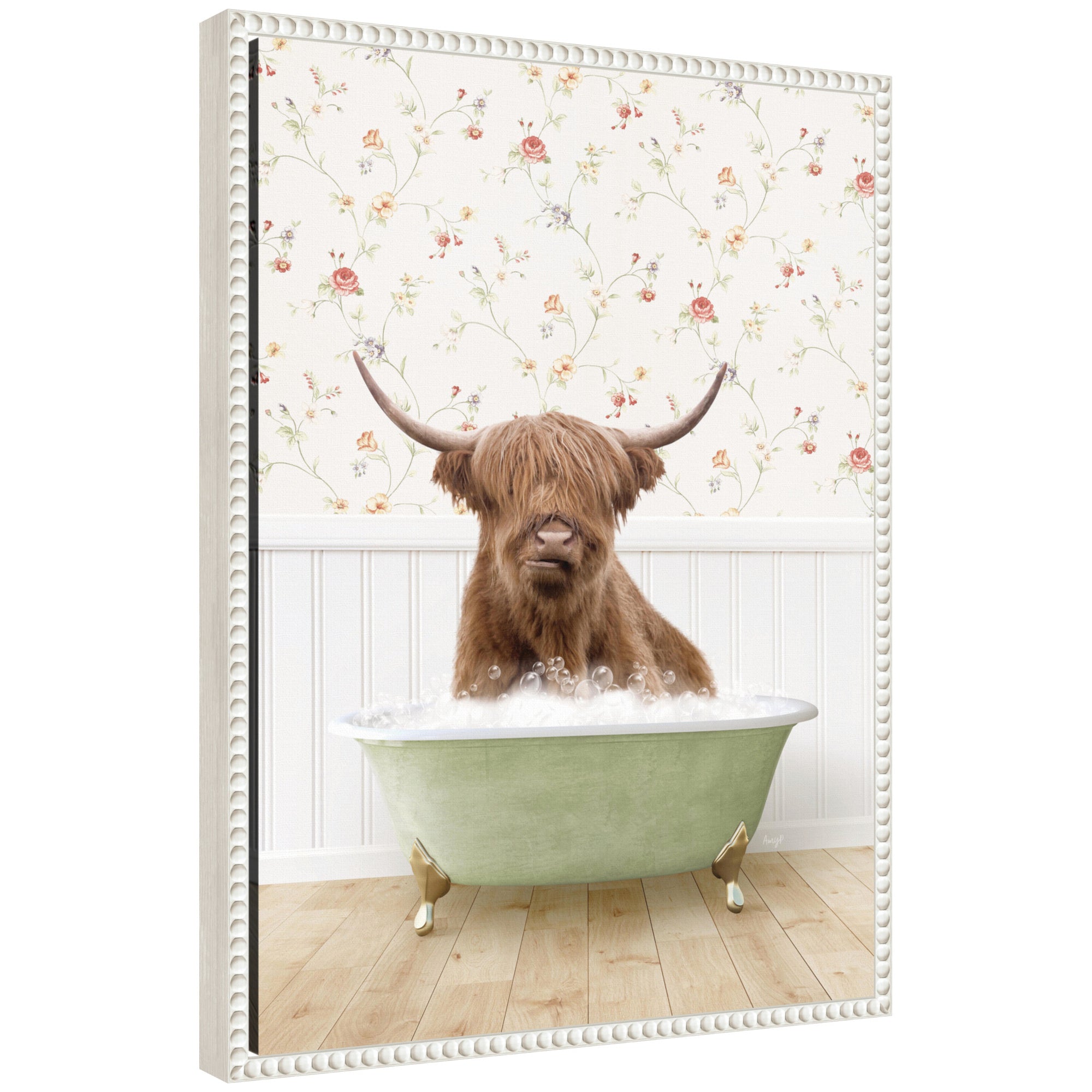 Sylvie Highland Cow in Cottage Farm Bath Framed Canvas by Amy Peterson