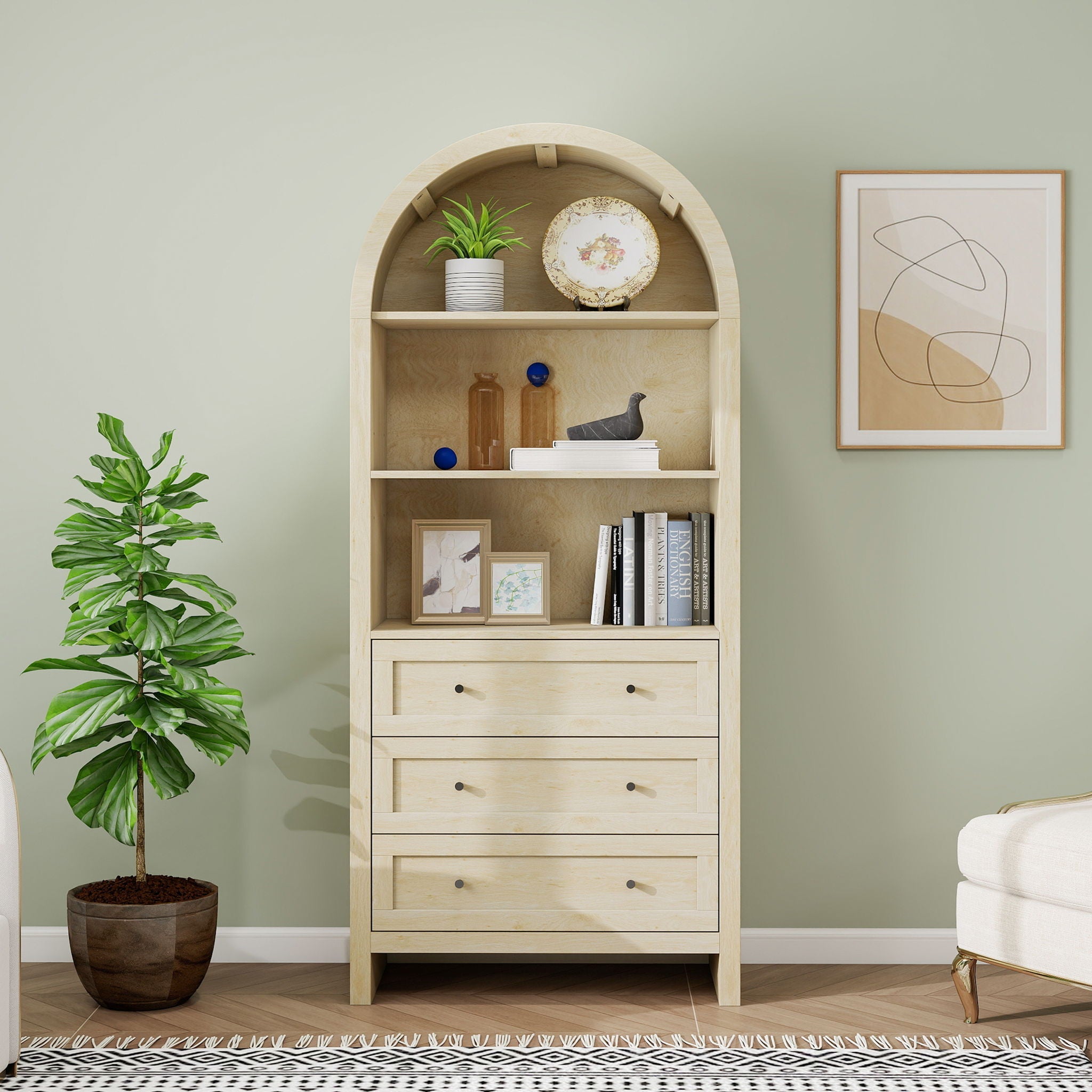 Arched Kitchen Pantry, Modern Farmhouse Wood Kitchen Storage Cabinets, Arched Storage Display Cabinet With Adjustable Shelves, Versatile Cupboard For Kitchen, Dining Room, Living Room - Natural