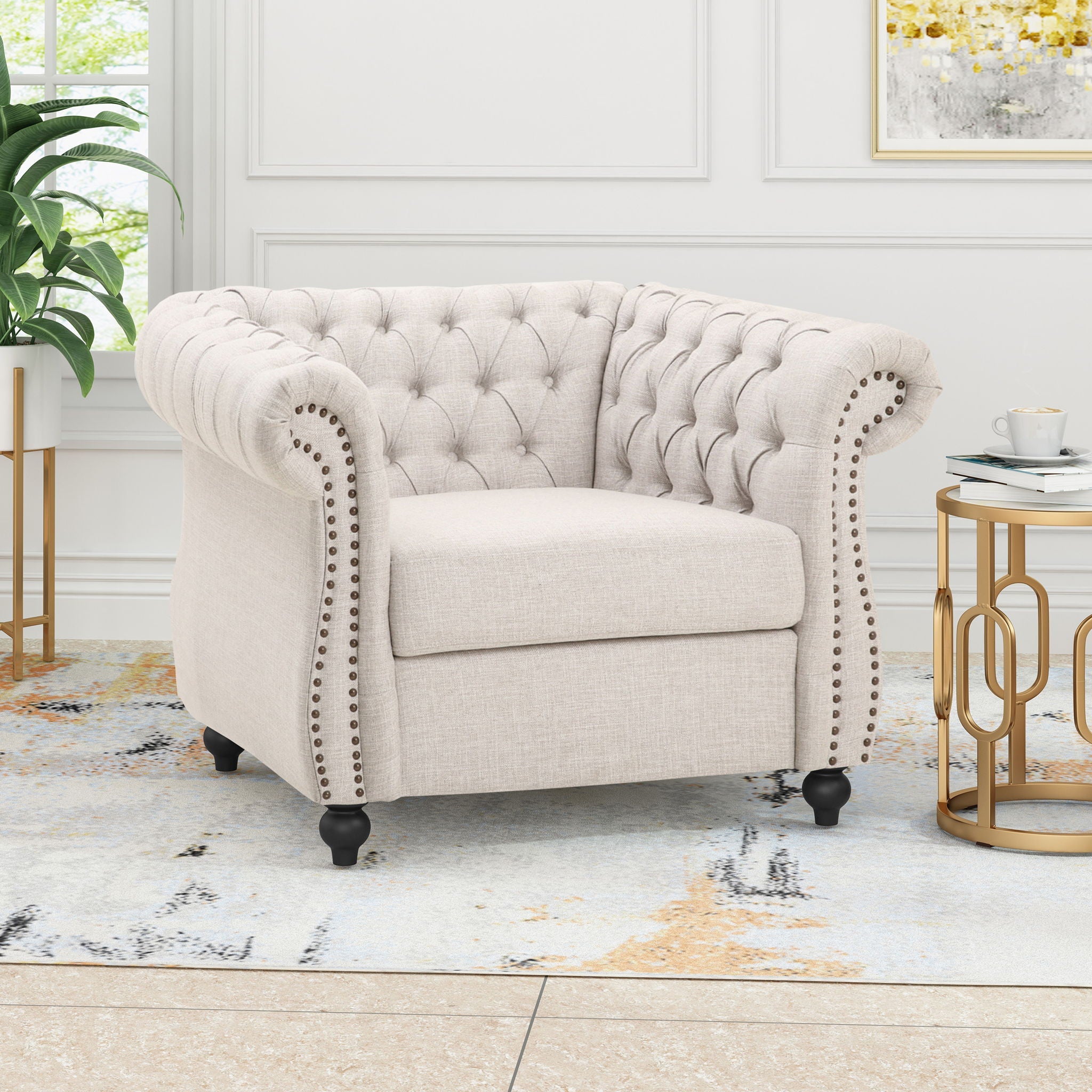 Nexuson Upholstered Chesterfield Chair With Deep Tufted And Nailhead Trim