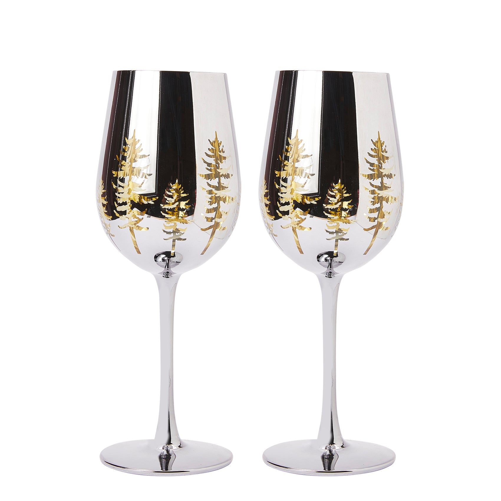 Crystal Christmas Tree Stemmed Wine Water Glasses Set Of 2 Holiday Themed Vibrant Gold Etched Winter