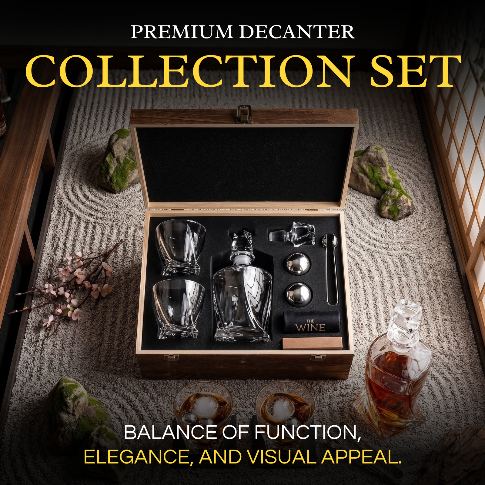 Japanese Crystal Whiskey Decanter Set In Wooden Storage Box Premium Barware Gift