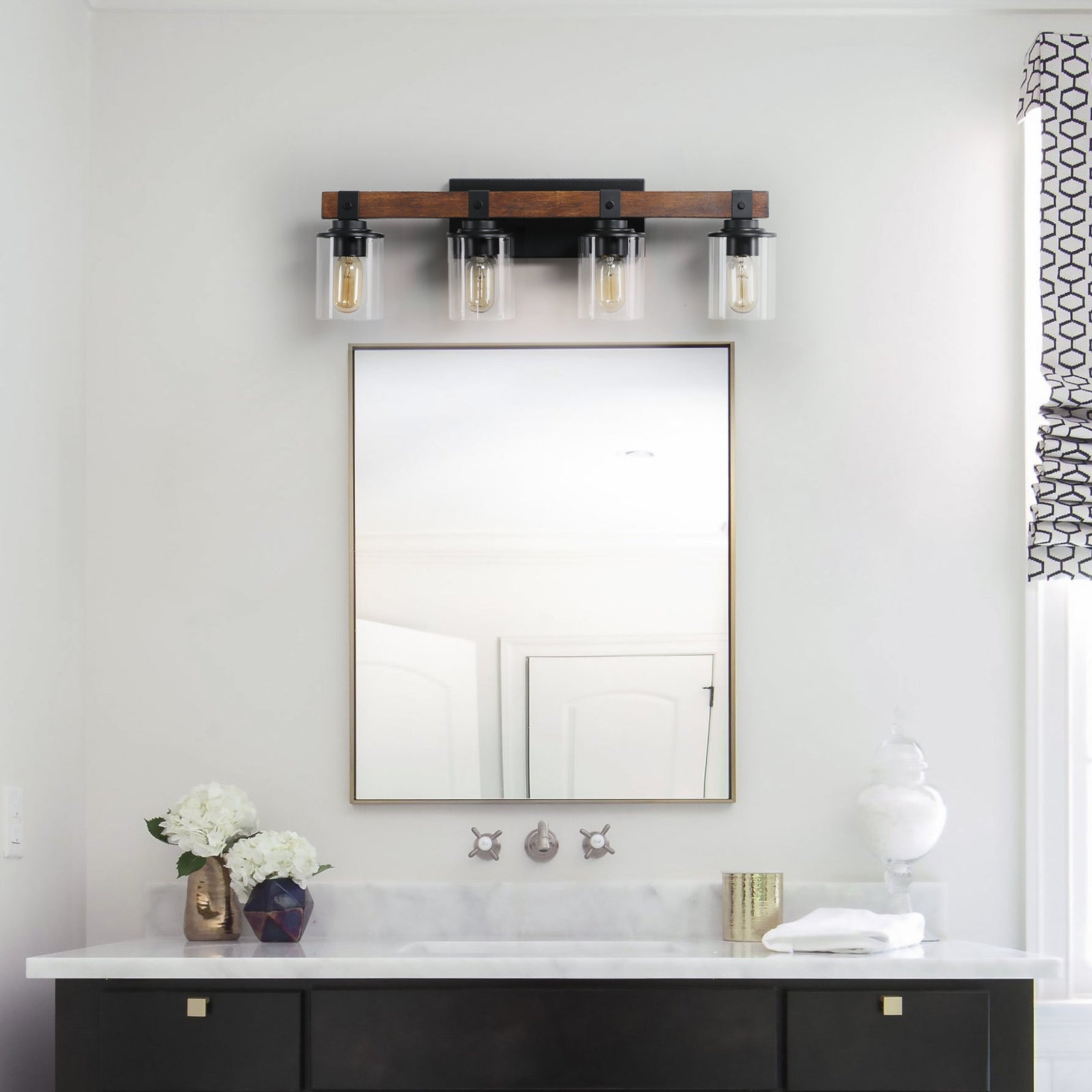 27" 4-Light Modern Farmhouse Bathroom Wall Sconce with Wood Accent